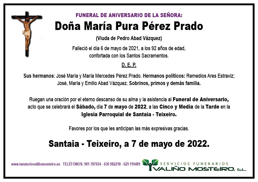Esquela de María Pura Pérez Prado.